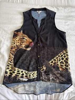 Buffalo David Bitton Cheetah Print Sleeveless Sheer Button Shirt